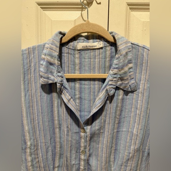 Cut Loose Hanky Linen 100% Boxy Shirt Blue Stripe Lagenlook , Large - Picture 6 of 9